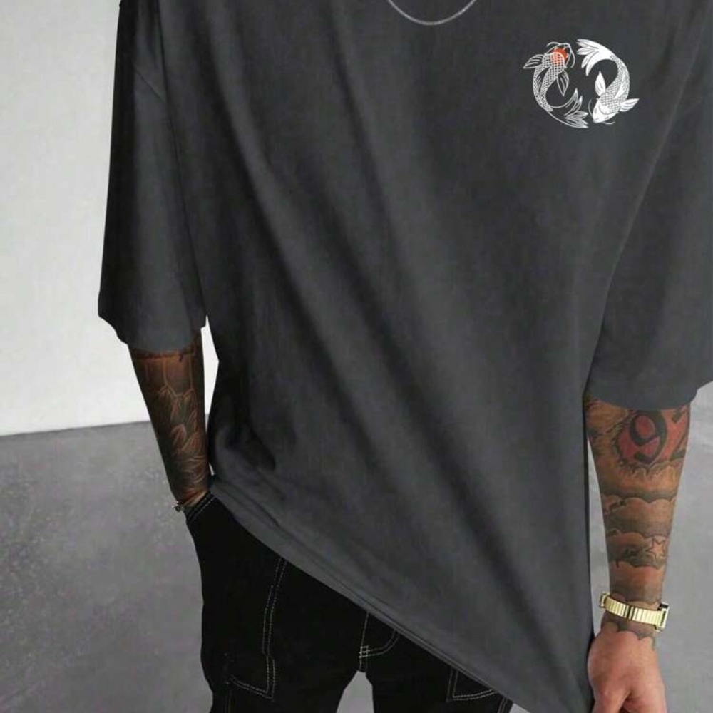Men's Fashion Printed Loose Short Sleeve T-Shirt, Ying and Yang  Koi Fish